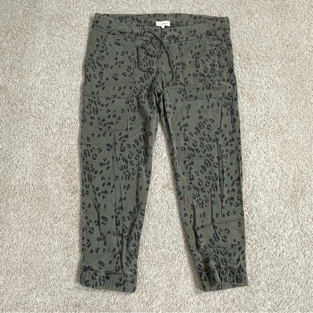 Women's BELLA DAHL Olive Green Leopard POCKET JOGGER Stretch PANTS  L